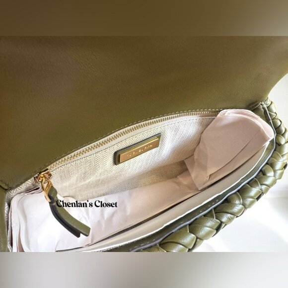 Tory Burch Woven Chain Shoulder Bag Olive Green Leather With Gold Chain NWT - Picture 4 of 13
